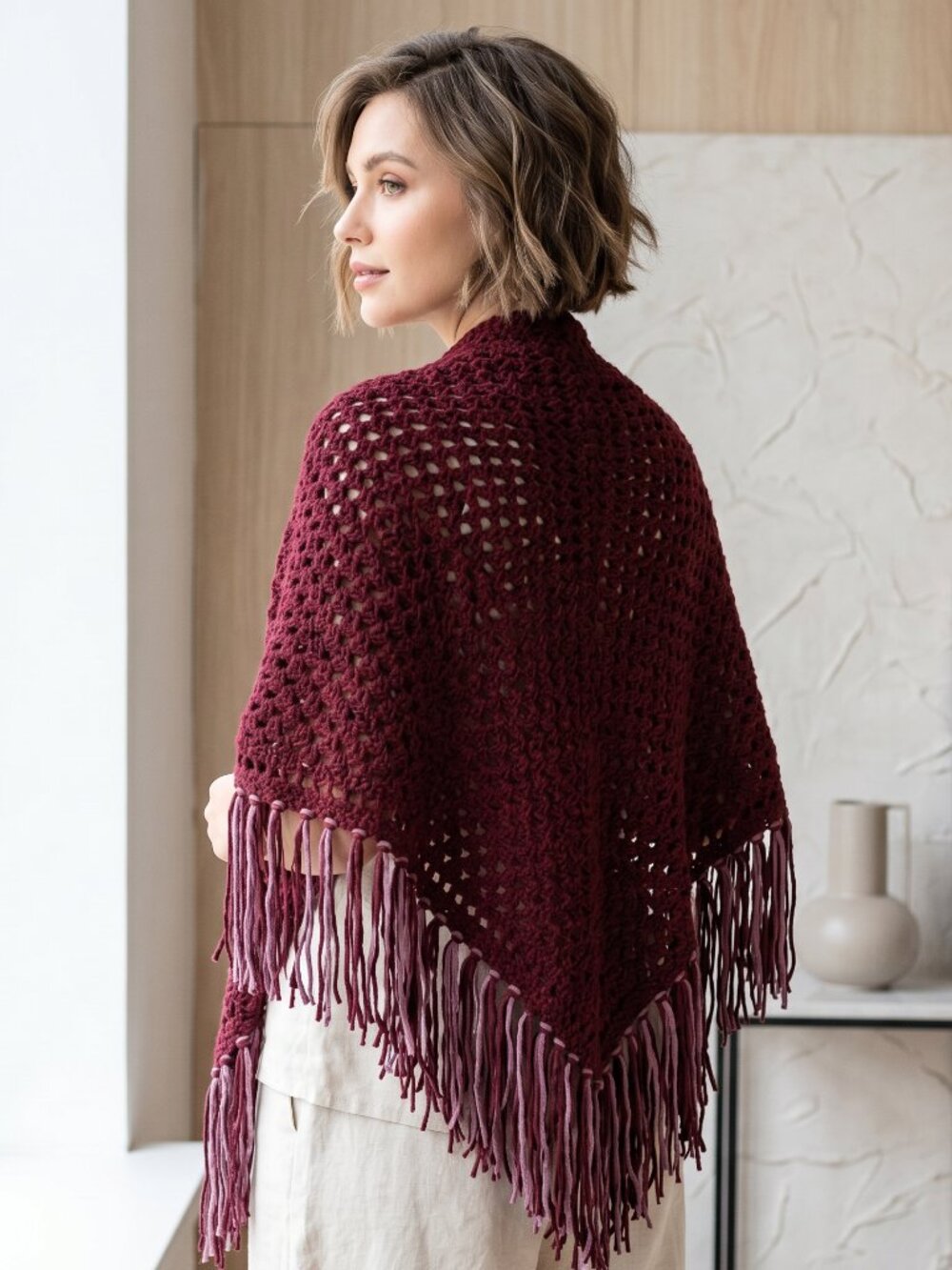 NEW Burgundy Hand Knitted Shawl Wrap Scarf Boho Fringe Cottage Whimsigoth Cozy